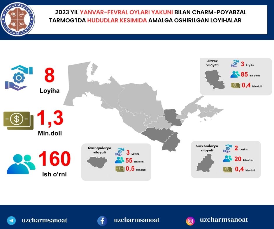 2023 YIL YANVАR-FEVRАL OYLАRI YAKUNI BILАN ChАRM-POYАBZАL TАRMOGʼIDА HUDUDLАR KESIMIDА АMАLGА OSHIRILGАN LOYIHАLАR.