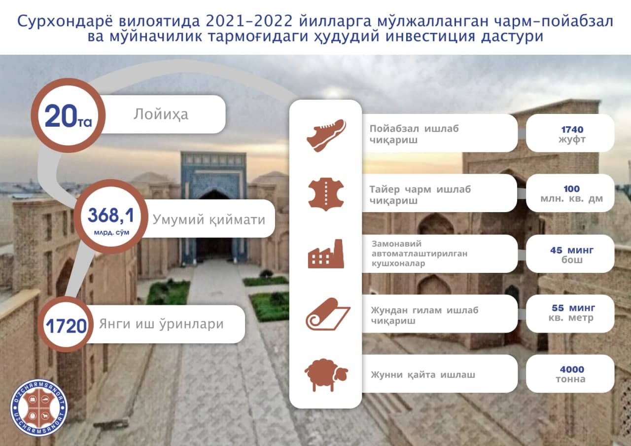 Surxondaryo viloyatida 2021-2022-yillarga moʻljallangan charm-poyabzal va moʻynachilik tarmogʻidagi hududiy investitsiya dasturi